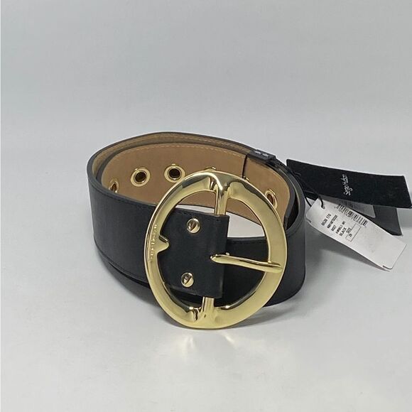 Sergio Hudson Black Signature Buckle Leather Belt Size 28 - Picture 1 of 12